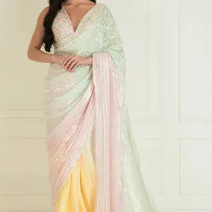 Buy Aastha Jain Pastel Ombre Pre Stitched Saree For Women Available online at ScrollnShops Multicolor / XS