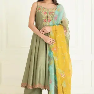 Buy Aastha Jain Chanderi Embroidered Anarkali Set For Women Available online at ScrollnShops Green / 4XL