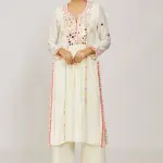 Bhumika Vaid - Women Ivory Organic Cotton Embroidered Thread Notched Sadhana Kurta And Palazzo Set| Kanika's| Mehendi and Haldi,Sangeet