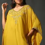 Buy Aastha Jain Yellow Silk Sequins Kaftan Set For Women Available online at ScrollnShops Yellow / L