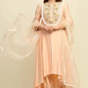 Buy Aastha Jain Peach Chanderi Kurta Set For Women Available online at ScrollnShops Orange / S