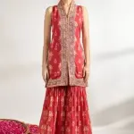 Bhumika Vaid - Women Red Kurta And Sharara Cotton Silk Printed Floral Jaal V Neck Set| Kanika's| Sangeet