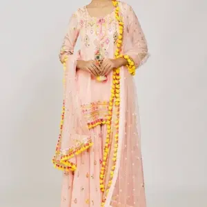 Bhumika Vaid - Women Pink Kurta Viscose Embroidered Thread Round Neck Mirror Sharara Set| Kanika's| Sangeet,Wedding