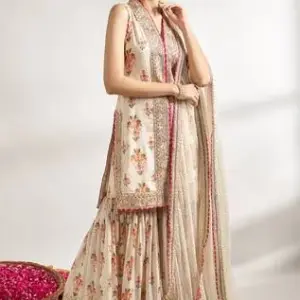 Bhumika Vaid - Women Ivory Kurta And Sharara Cotton Silk Printed Flower Jaal V Neck Set| Kanika's| Sangeet