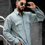 MANIAC Men Oversized Shirt with Flap Pockets For Men (Grey, XL)