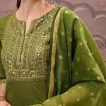 Vishudh Olive Green Ethnic Motifs Embroidered Sequinned Kurta with Palazzo & Dupatta (M) by SANKAN