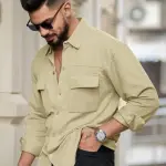 MANIAC Men Oversized Fit Shirt with Flap Pockets For Men (Beige, L)