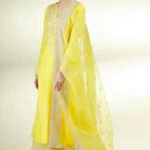 Bhumika Vaid - Women Yellow Kurta And Palazzo Tussar Silk Embroidered Floral Notched Set| Kanika's| Destination Wedding,Mehendi and Haldi