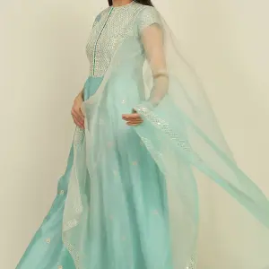 Buy Aastha Jain Aqua Blue Chanderi Anarkali Set For Women Available online at ScrollnShops Blue / XS