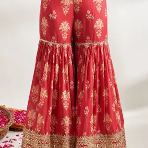 Bhumika Vaid - Women Red Kurta And Sharara Cotton Silk Printed Floral Jaal V Neck Set| Kanika's| Sangeet