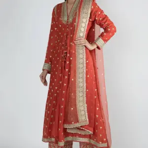 Bhumika Vaid Red Embroidered Jacket Styled Tunic Set for Women at Lovel