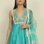 Aastha Jain - Women Blue Chanderi Embroidery Dori Scallop V Neck Yoke Kurta Palazzo Set| Kanika's| Sangeet