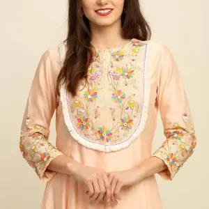 Buy Aastha Jain Peach Chanderi Kurta Set For Women Available online at ScrollnShops Orange / S