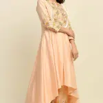 Buy Aastha Jain Peach Chanderi Kurta Set For Women Available online at ScrollnShops Orange / S