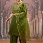 Vishudh Olive Green Ethnic Motifs Embroidered Sequinned Kurta with Palazzo & Dupatta (M) by SANKAN