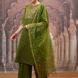 Vishudh Olive Green Ethnic Motifs Embroidered Sequinned Kurta with Palazzo & Dupatta (M) by SANKAN