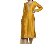 Libas Yellow Embellished Silk Straight Kurta