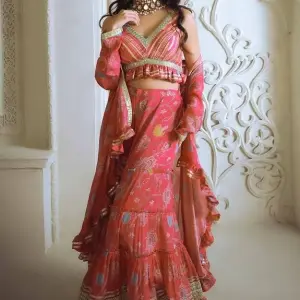 Bhumika Vaid - Women Pink V Neck Floral Print Jacket And Sharara Set| Kanika's| Mehendi and Haldi